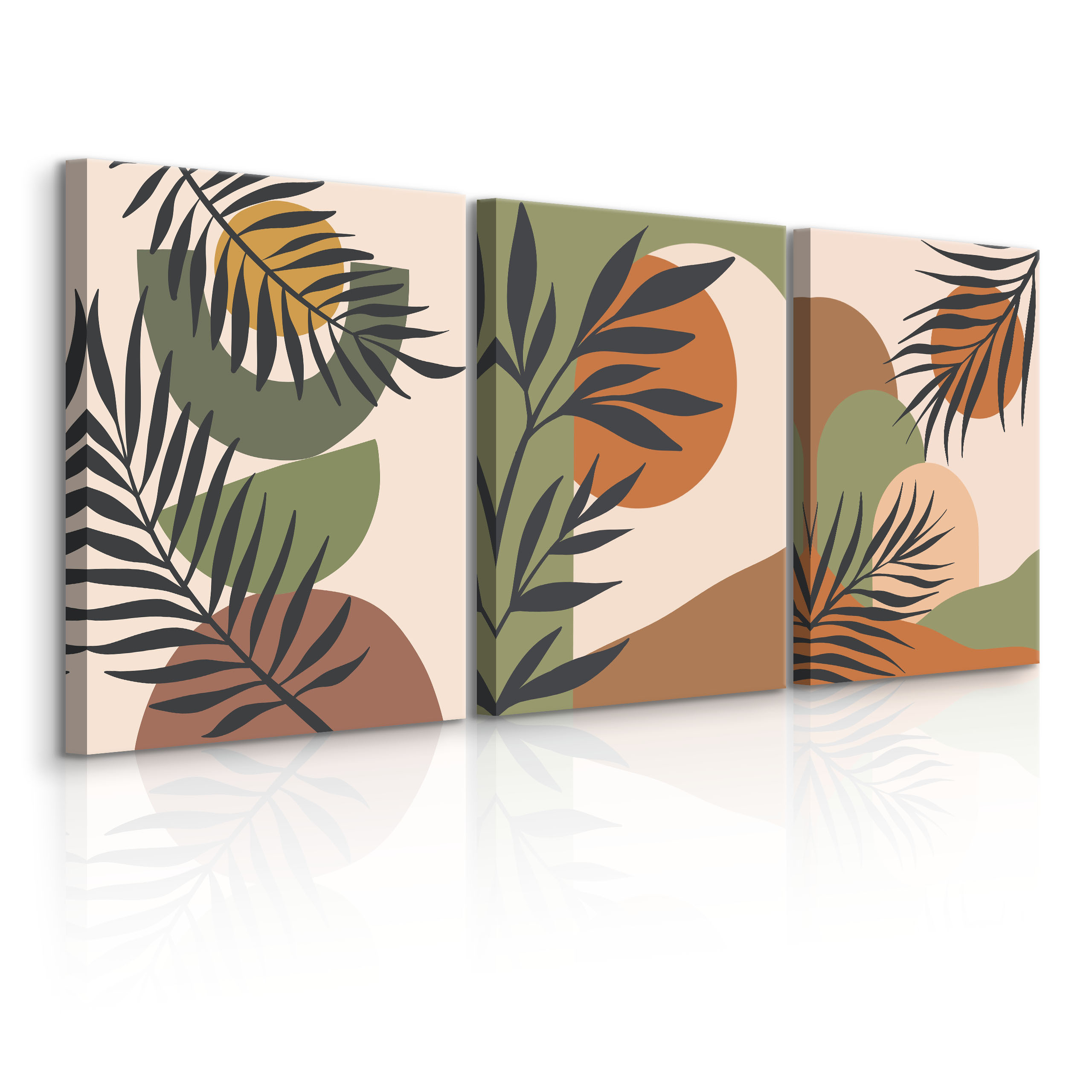 OBRAZY SET ABSTRAKCJA LIŚCIE PALMOWE NATURA BOHO 90x40cm