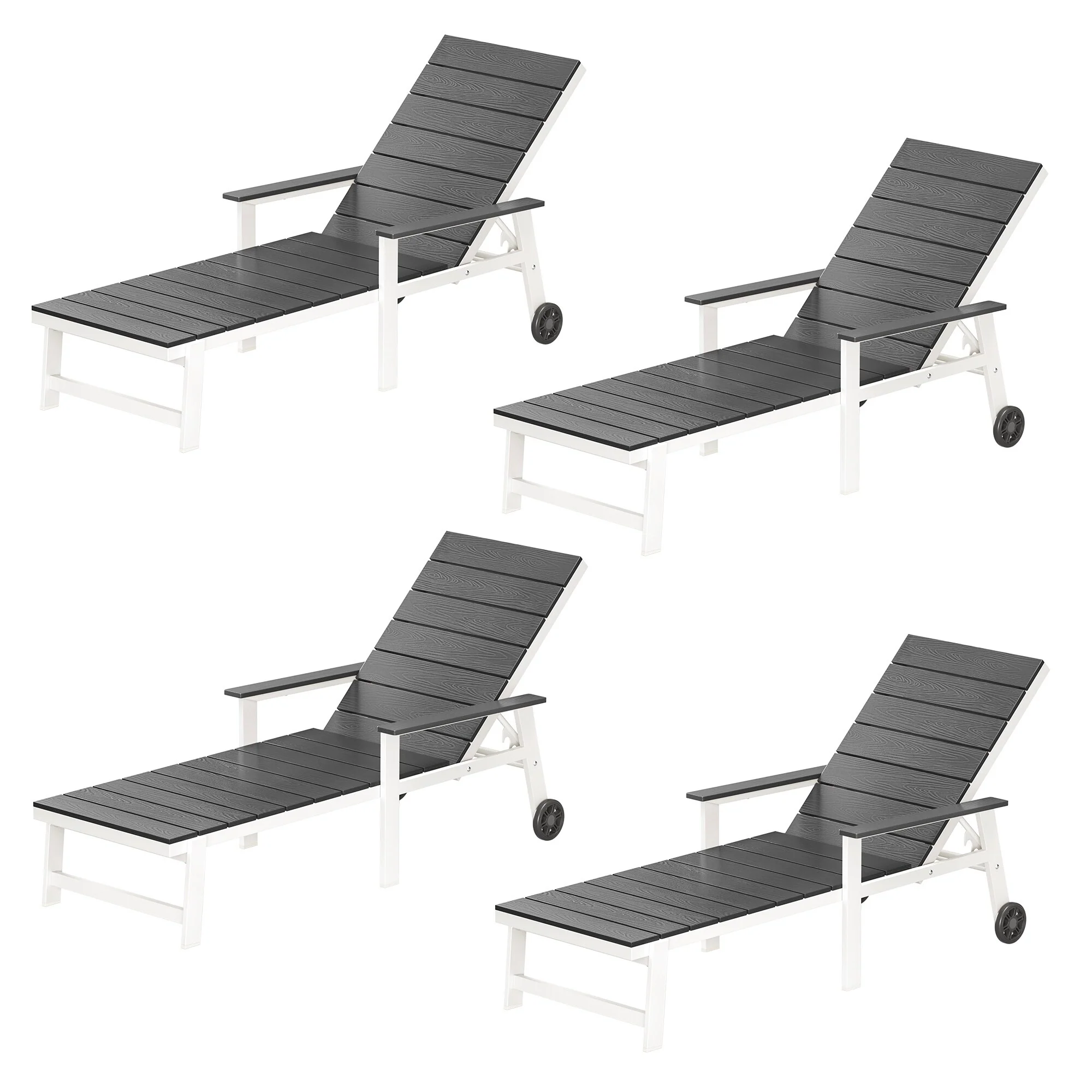 Patio HDPE Backrest Set of 4 Chaise Lounge Chair with Aluminum Frame, Adjustable Backrest and Wheels