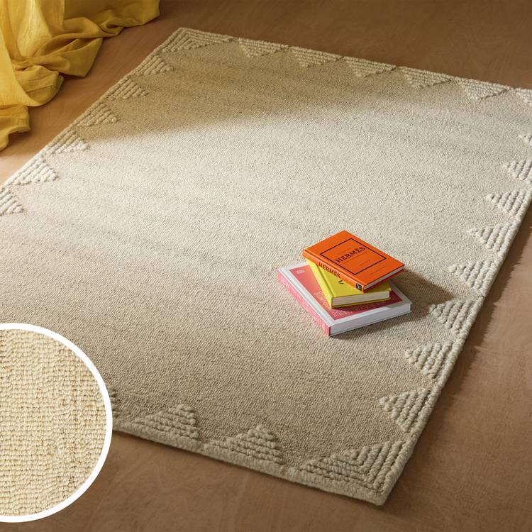Habitat Diamond Border Beige Wool Rug - 120x170cm