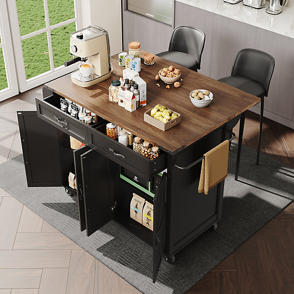 Chariot de cuisine 140x73x92cm, îlot de cuisine moderne, plan de travail pliable, chariot avec portes et tiroirs, placards, noir