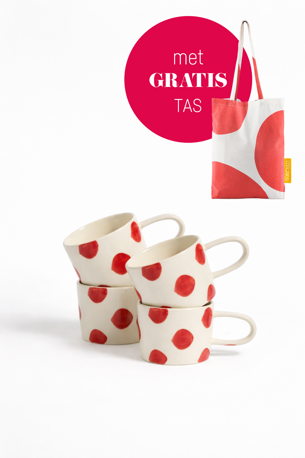 vtwonen - Mokken - Stippen - Rood - Keramiek - 350ml - Set van 4