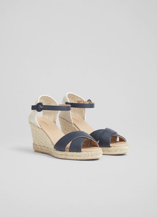 Angele Navy Leather Wedge Espadrilles