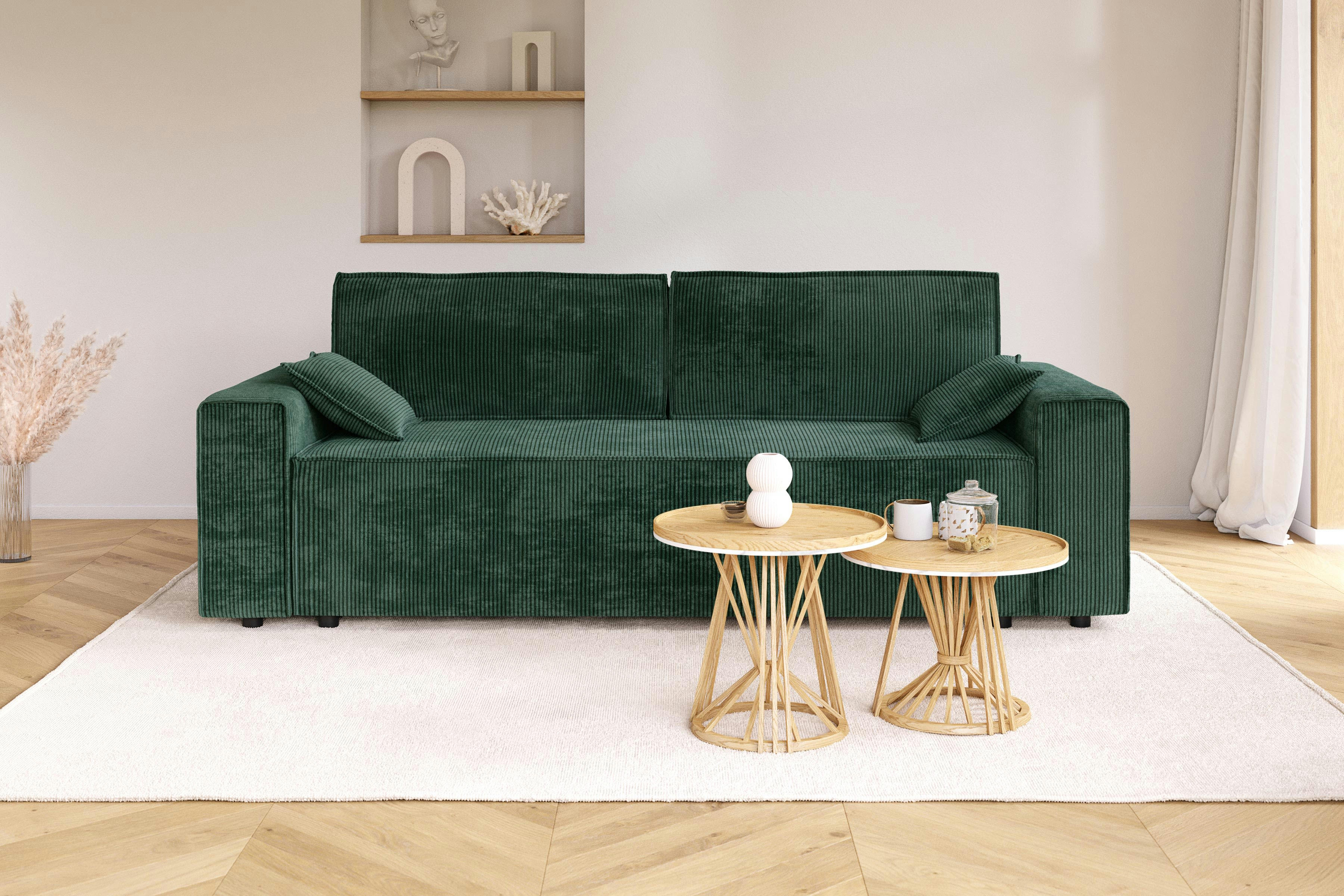 MARIUS - Canapé droit convertible en velours côtelé 3 places vert