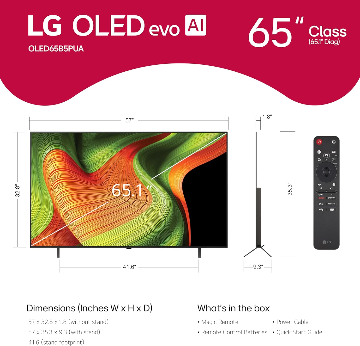 LG 65-Inch Class OLED AI 4K B5 Series Smart TV w/Dolby Atmos  Dolby Vision  HDR10  AI Super Upscaling 4K  Filmmaker Mode  Wow Orchestra  Alexa Built-in (OLED65B5PUA.AUSZ  2025)