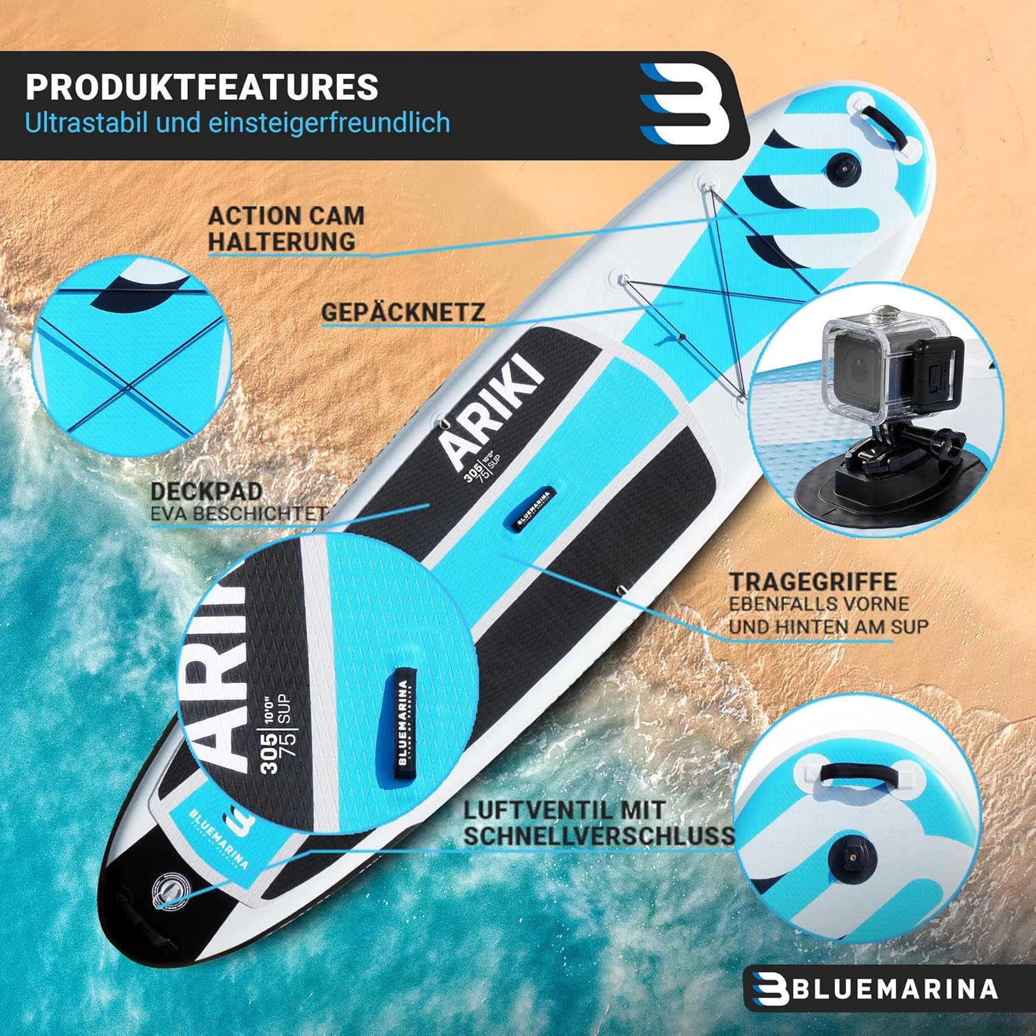 Bluemarina Stand Up Paddling Board Ariki | 𝟓 𝐉𝐀𝐇𝐑𝐄 𝐆𝐀𝐑𝐀𝐍𝐓𝐈𝐄 - SUP Board - Stand Up Paddle - Surfbrett | Ariki 305x76x15cm