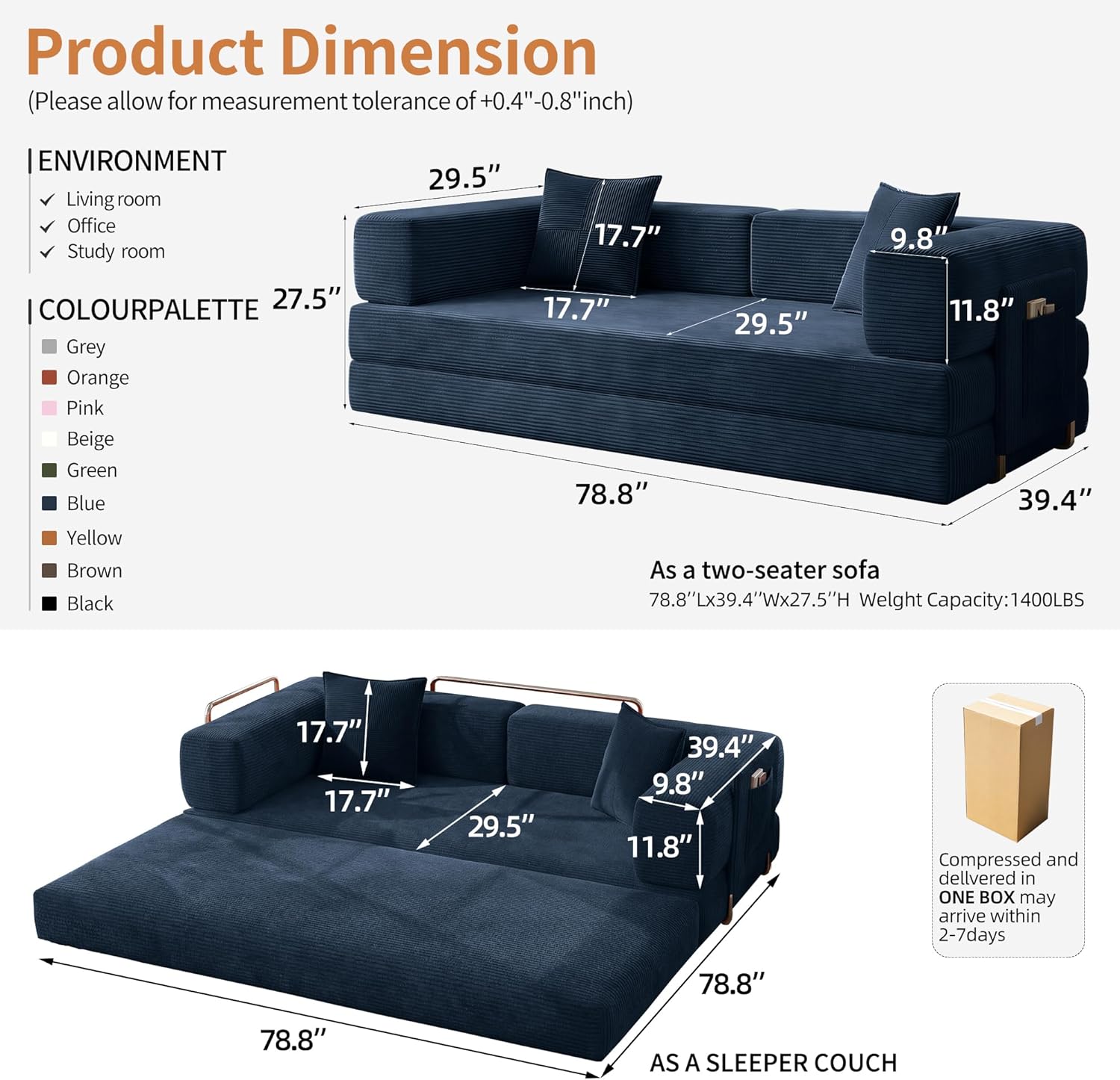 78.8 Convertible Sofa Bed with Armrest Pillow, 4-in-1 Sleeper Couch Bed for Livingroom, Modular Corduroy Boneless couches, No Assembly (Blue)