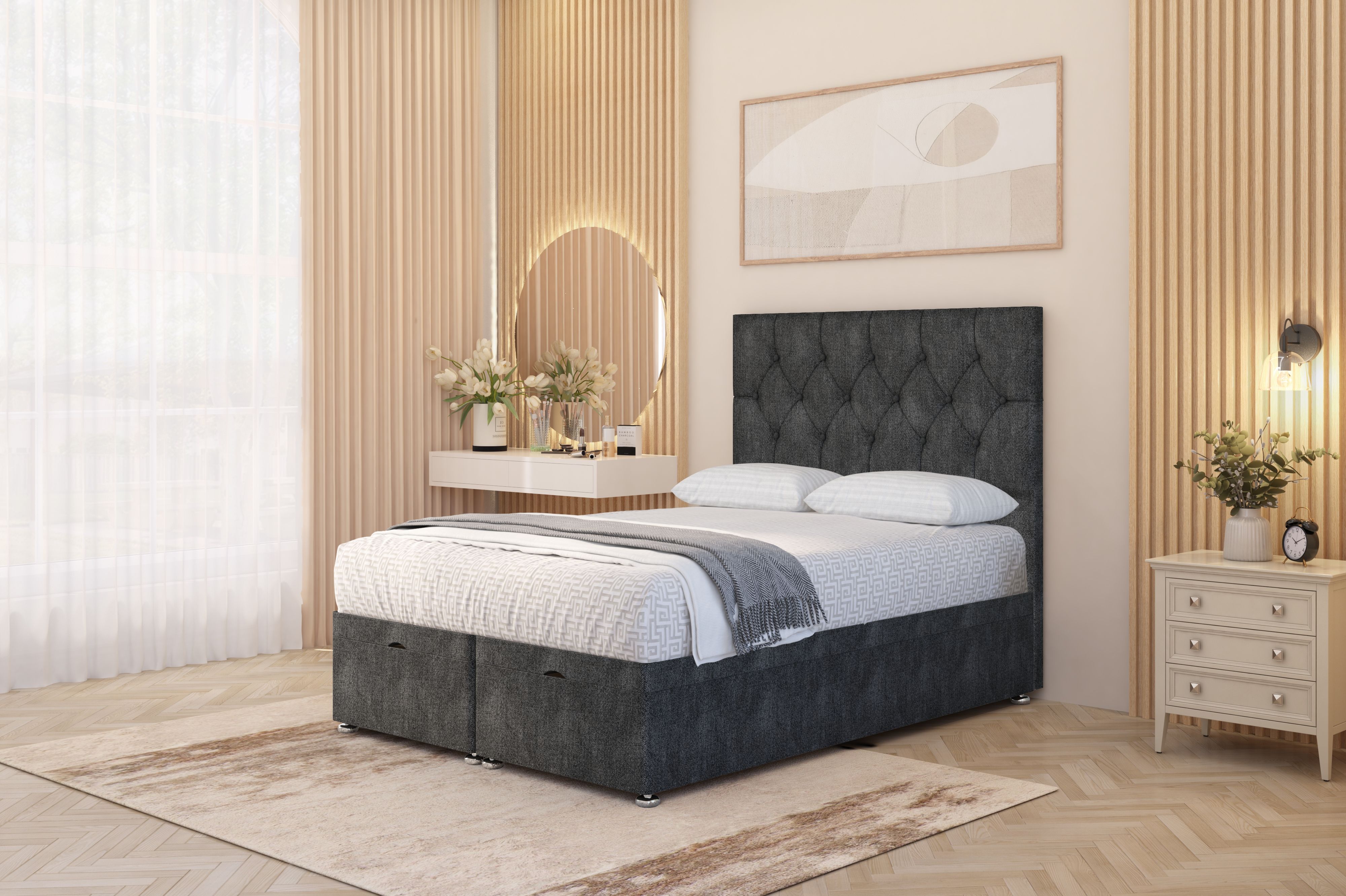 Somnior Ziggy Tweed Fabric Ottoman Bed Base with Floor Standing Headboard