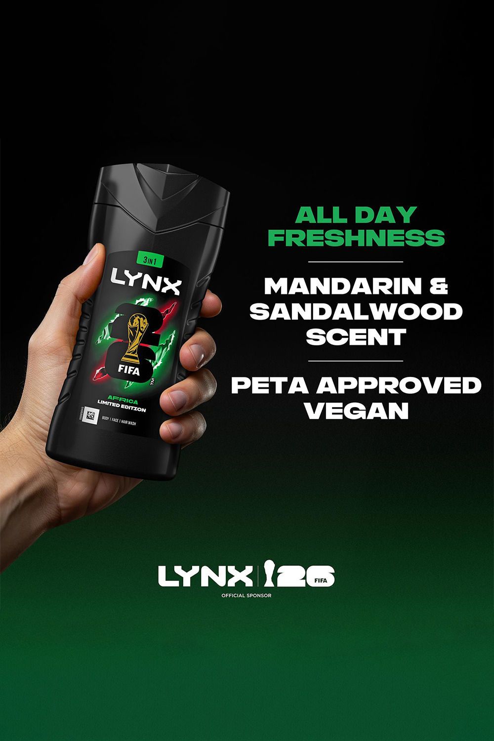 Lynx Limited Edition FIFA Africa 3in1 Body Wash 12H Refreshing Fragrance 225ml, 6 Pk