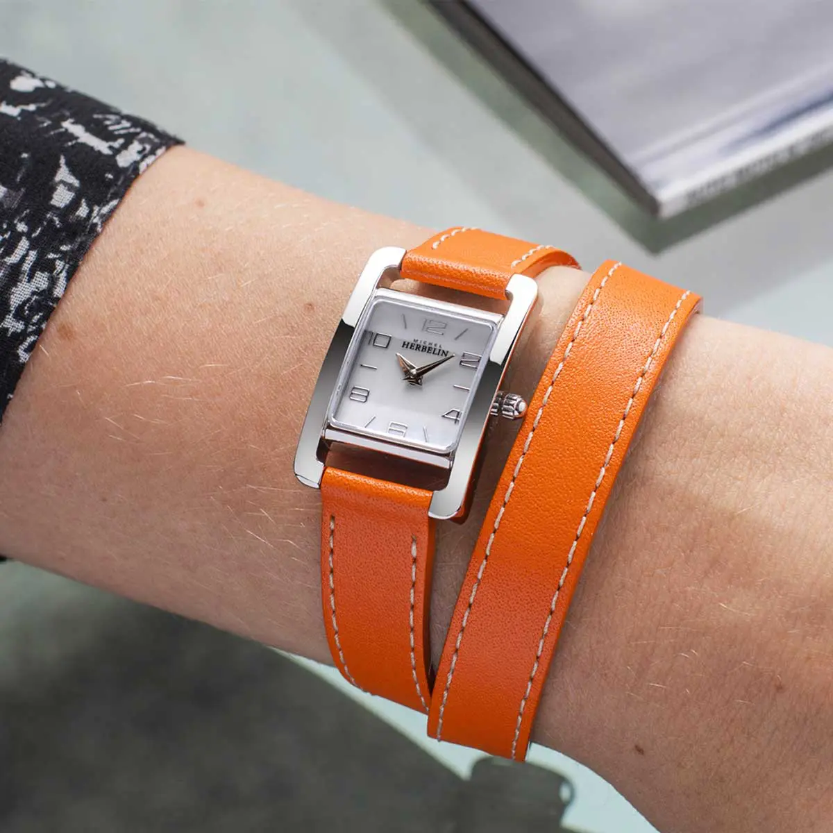 Ve AVENUE – BRACELET DOUBLE – CUIR ORANGE & NACRE