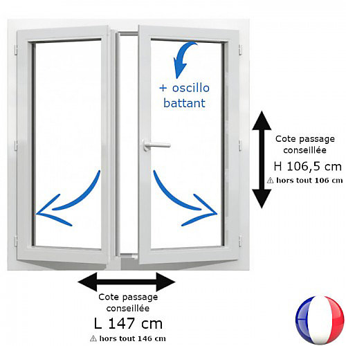 Fenêtre PVC blanc 2 vantaux hors tout H 106 x L 146 cm oscillo battant pour pose rénovation