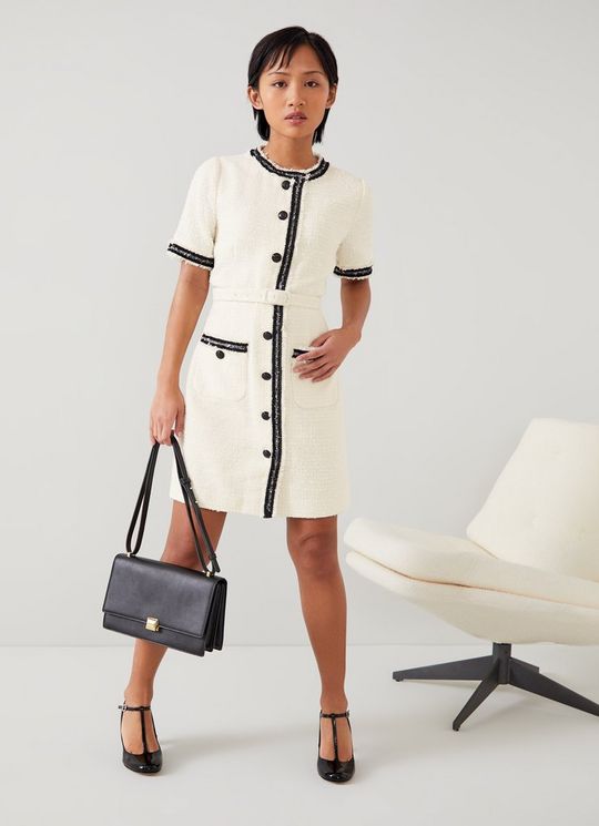 Charlie Petite Ivory Italian Recycled Cotton-Blend Tweed Dress