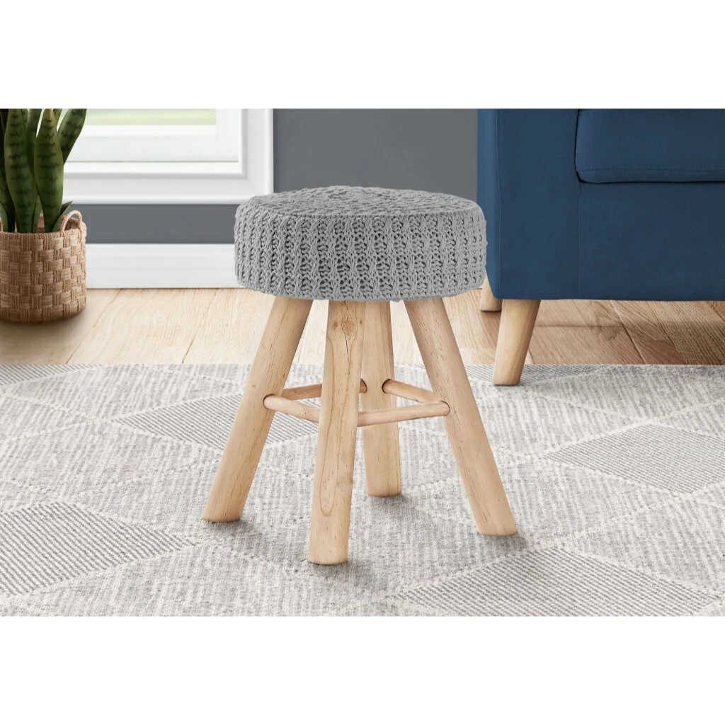 12 Inch Grey Fabric Ottoman with Natural Wood Legs for Living Room or Bedroom