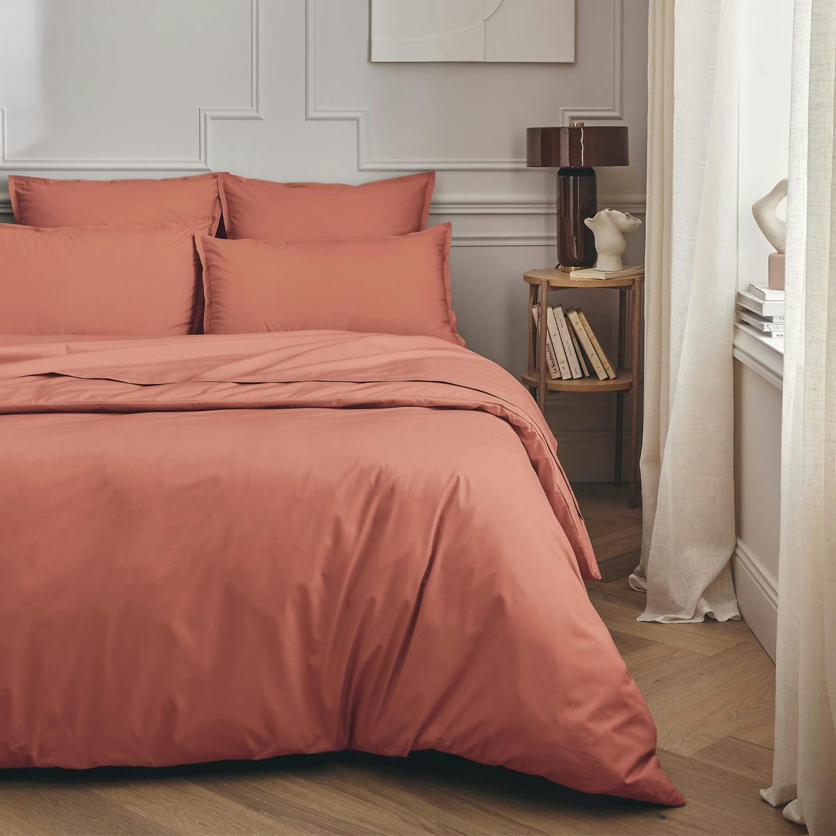 PREMIÈRE - Taie de traversin en percale de coton rose corail 43x190