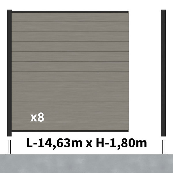 Kit Clôture Composite RIO Platines 14,5x1,8m - Bois composite &Aluminium - Poteaux Noir sur Platines- Brise vue - Palissade