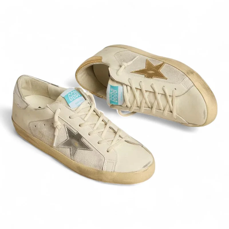 Super-Star sneakers in white leather and suede with silver and gold leather stars