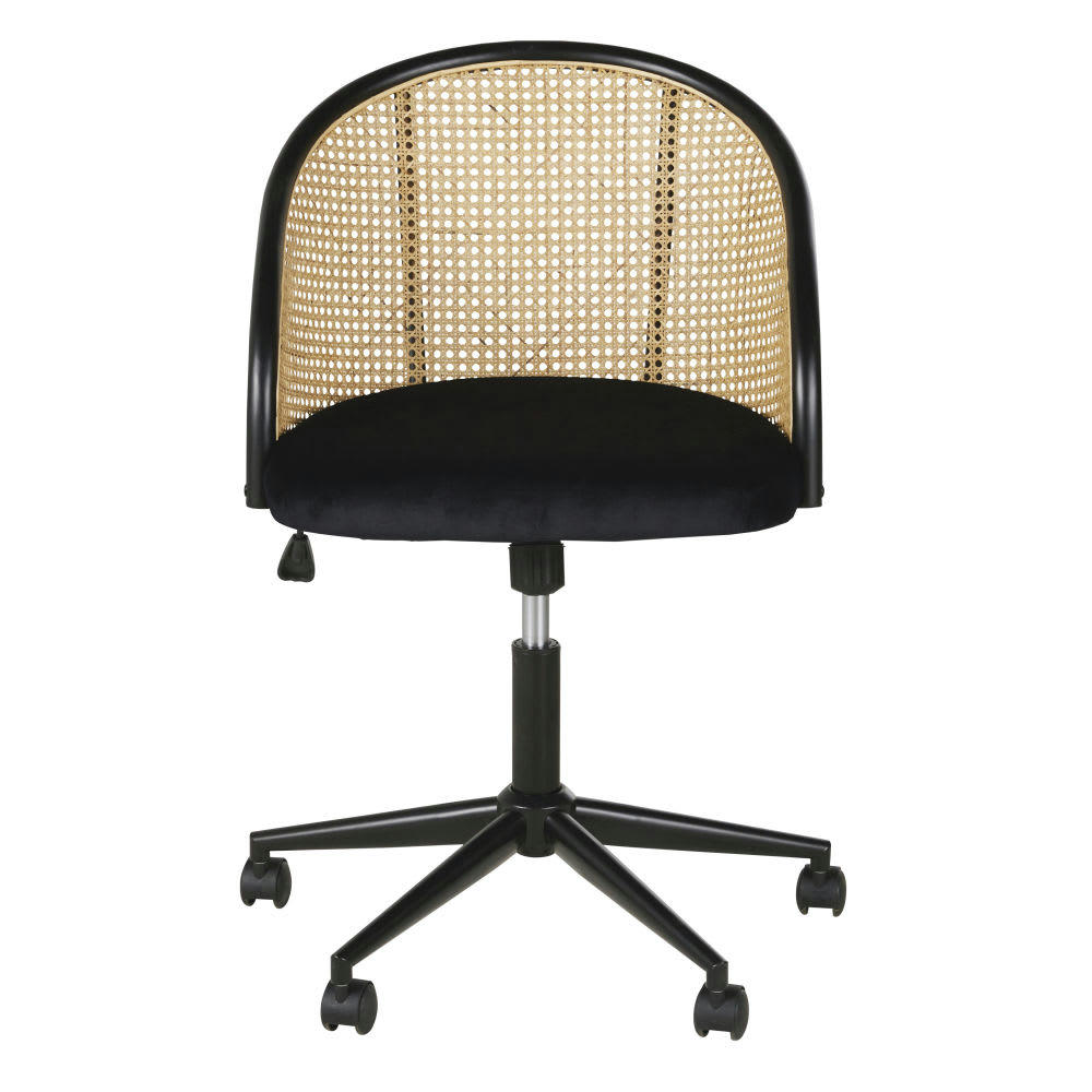 Sockette - Chaise de bureau à roulettes en velours noir cannage en rotin