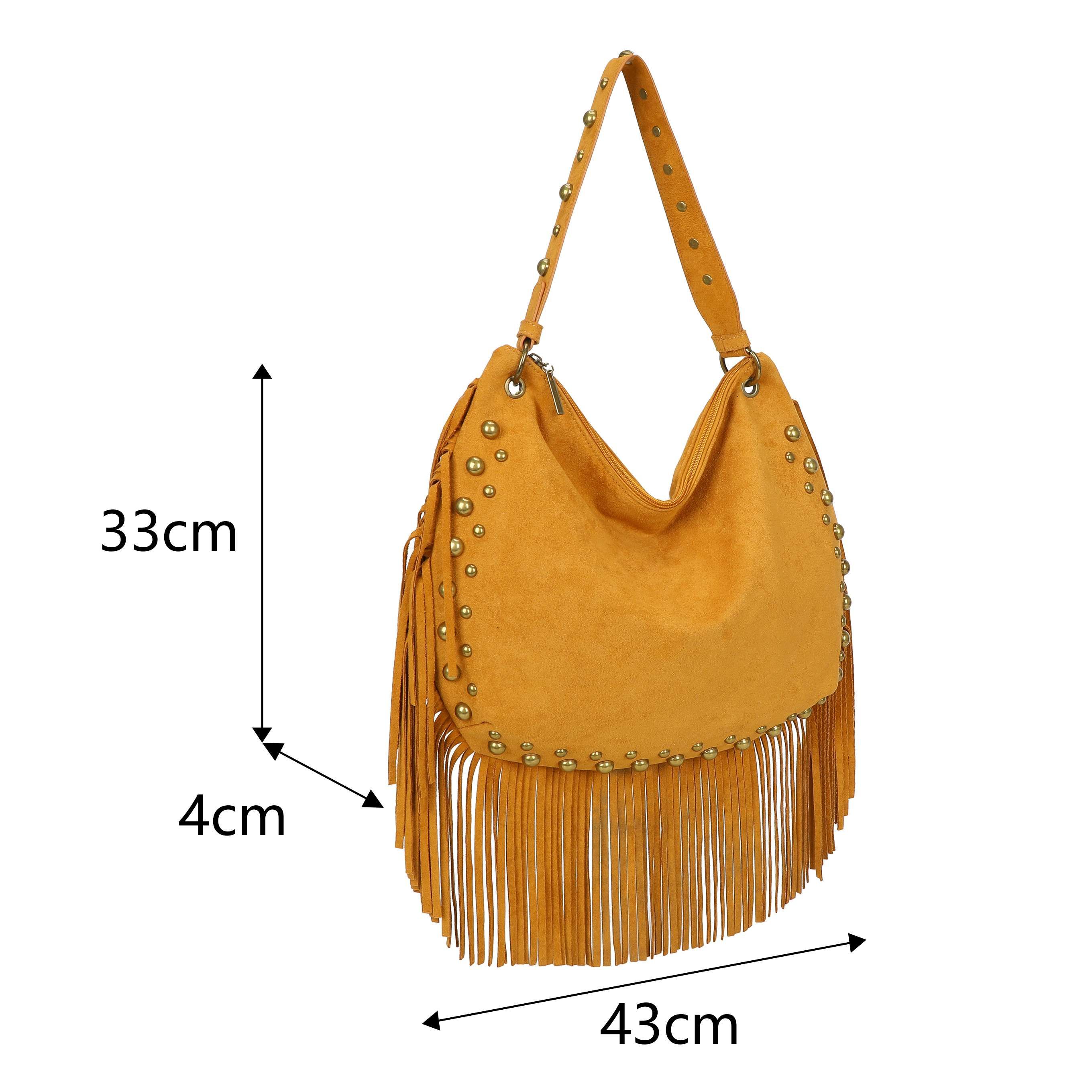Kitise Faux Suede Fringed Studded Crossbody Shoulder Bag