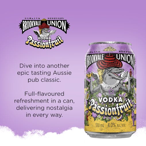 Brookvale Union Vodka Passion Fruit Mixed Drink, Fruity & Refreshing Finish, 4% ABV, 330mL (Case of 24 Cans)