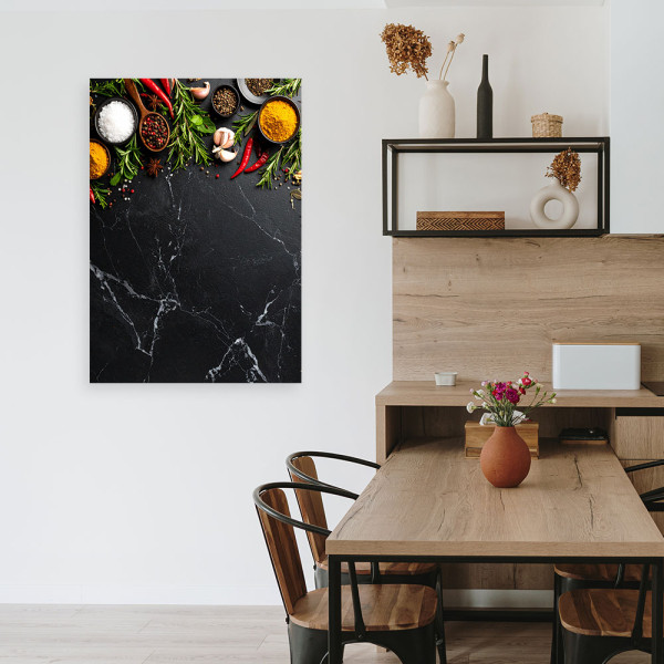 Obraz do kuchni baru, Kolorowe przyprawy i zioła marmur 20x30