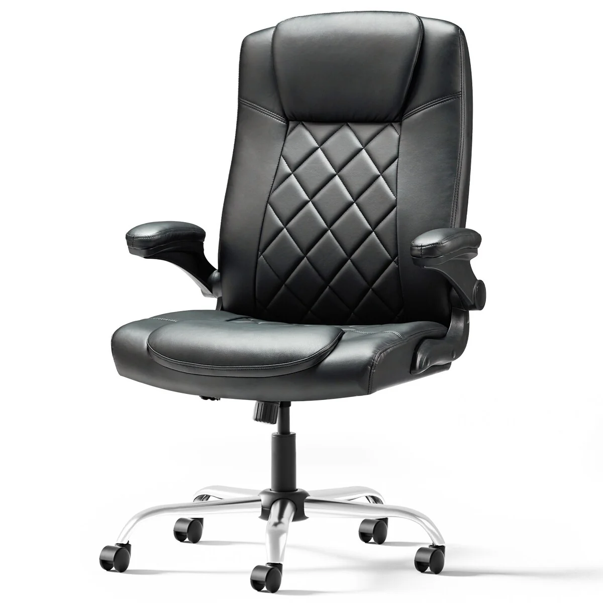 Black Leather Adjustable Office Chair with Flip-Up Arms and Wheels