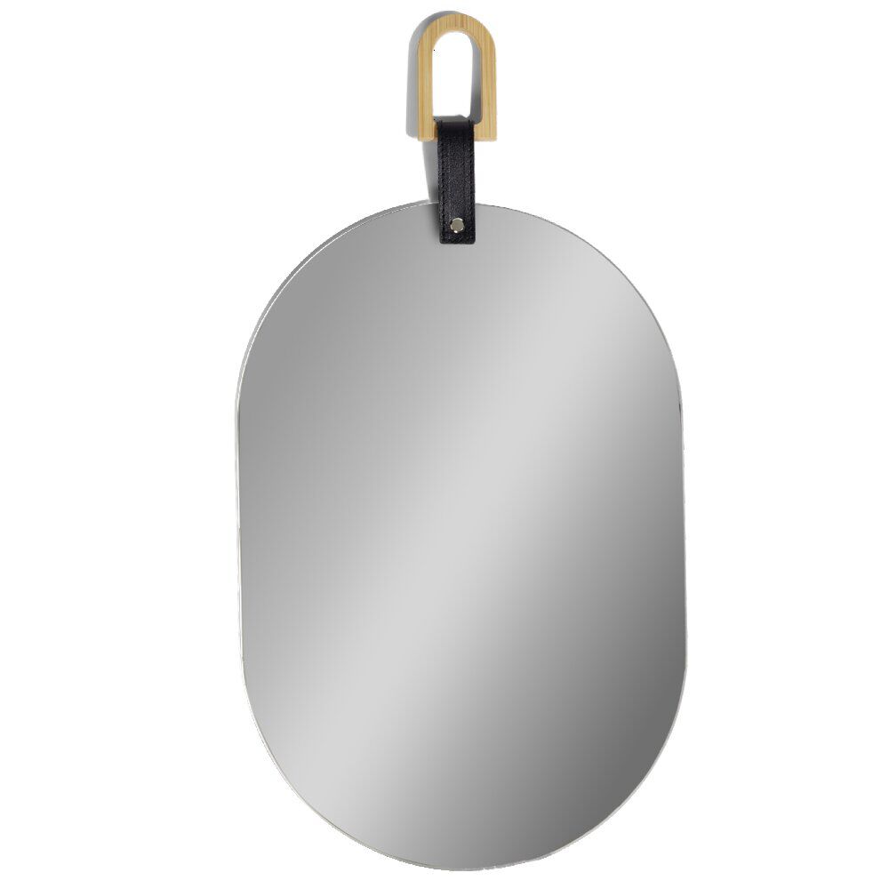Miroir ovale avec poignée simili et bois 35x35cm