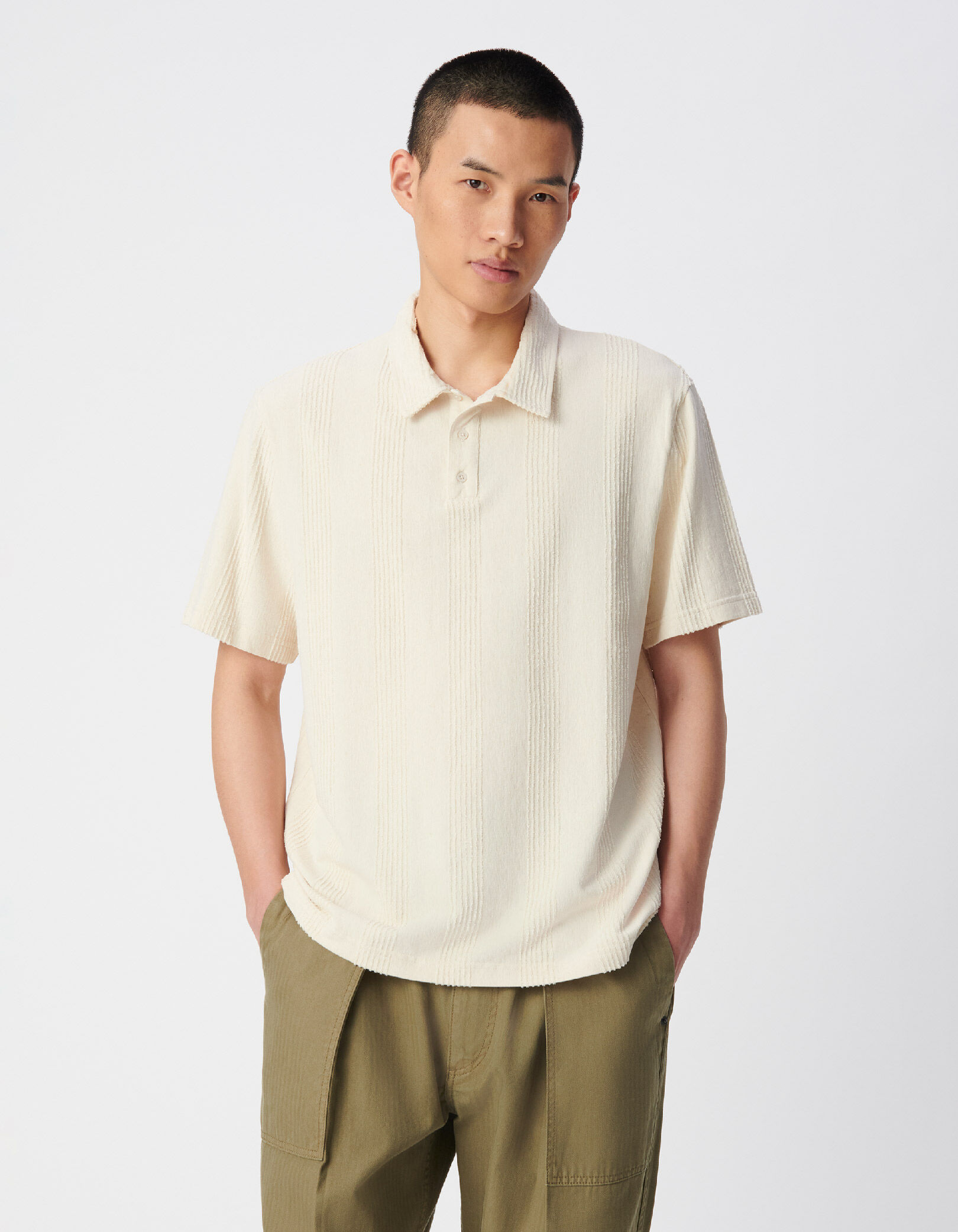 Polo beige motif rayures éponge Homme