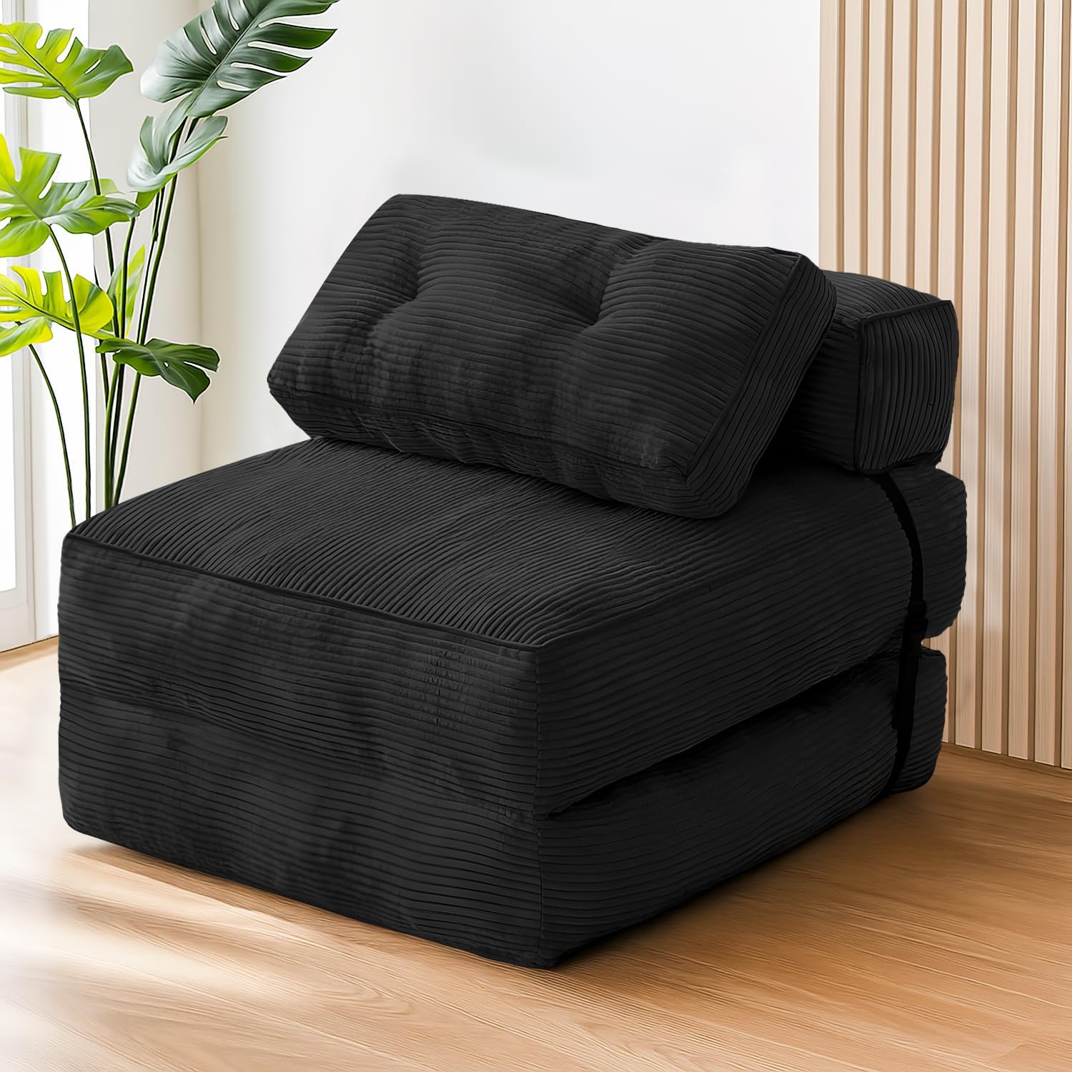 tantohom Folding Sofa Bed, Convertible Sleeper Chair with Pillow Foldable Mattress with Back Support,Space-Saving Sofa for Living Room,Bedroom (Black)