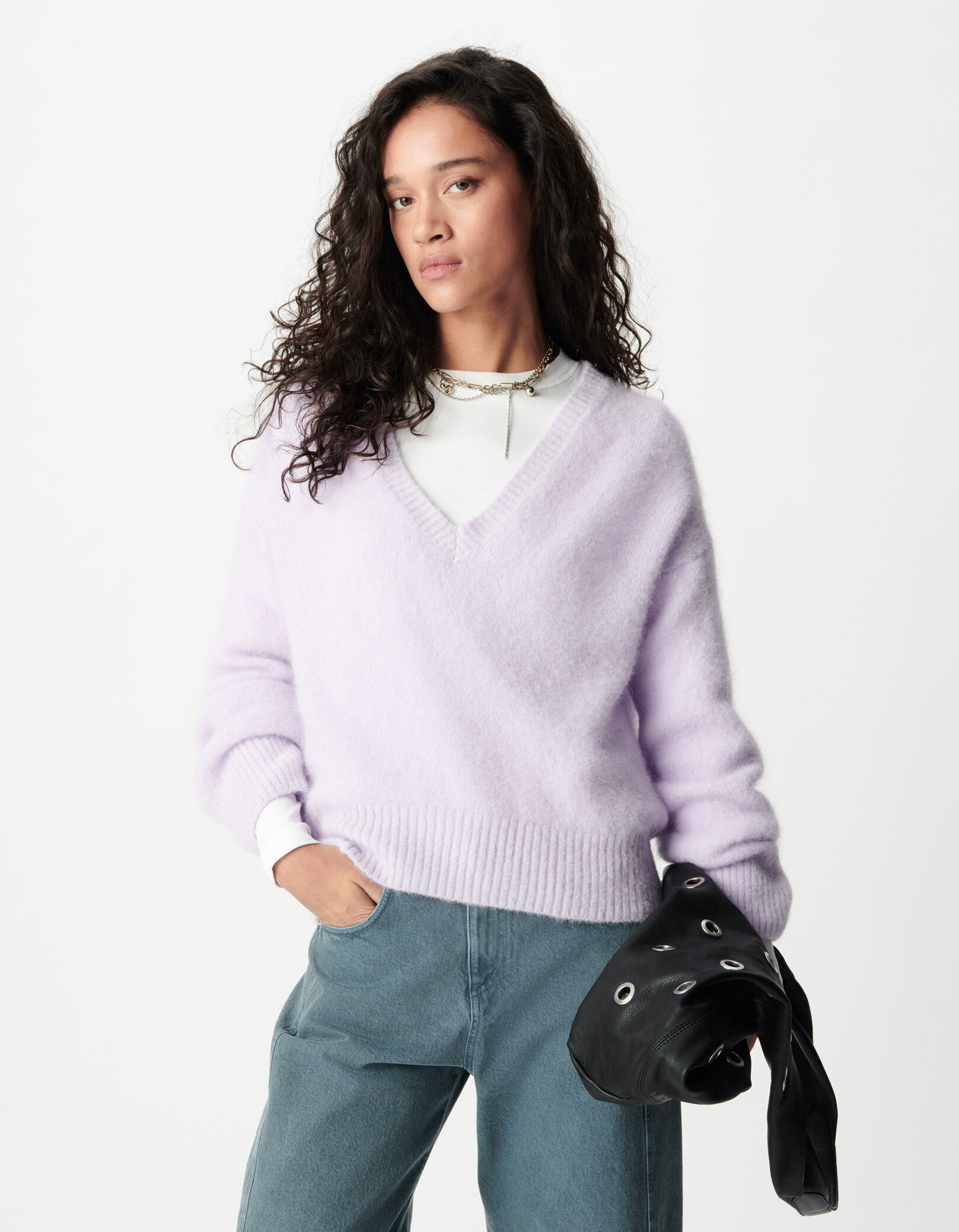 Pull col V lilas tricot mix alpaga Femme