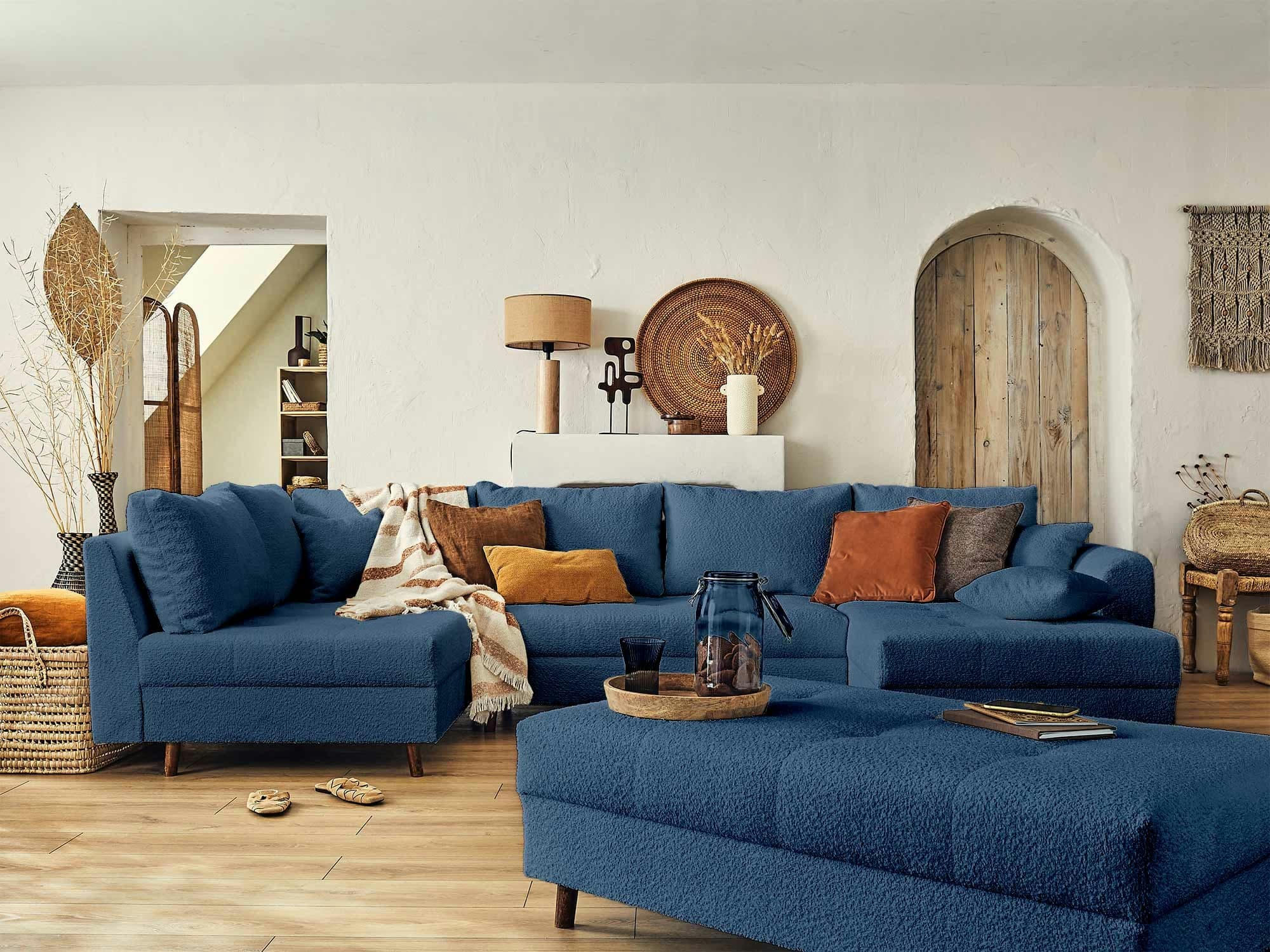 RUNE - Canapé d'angle gauche convertible 7 places en tissu bouclette bleu