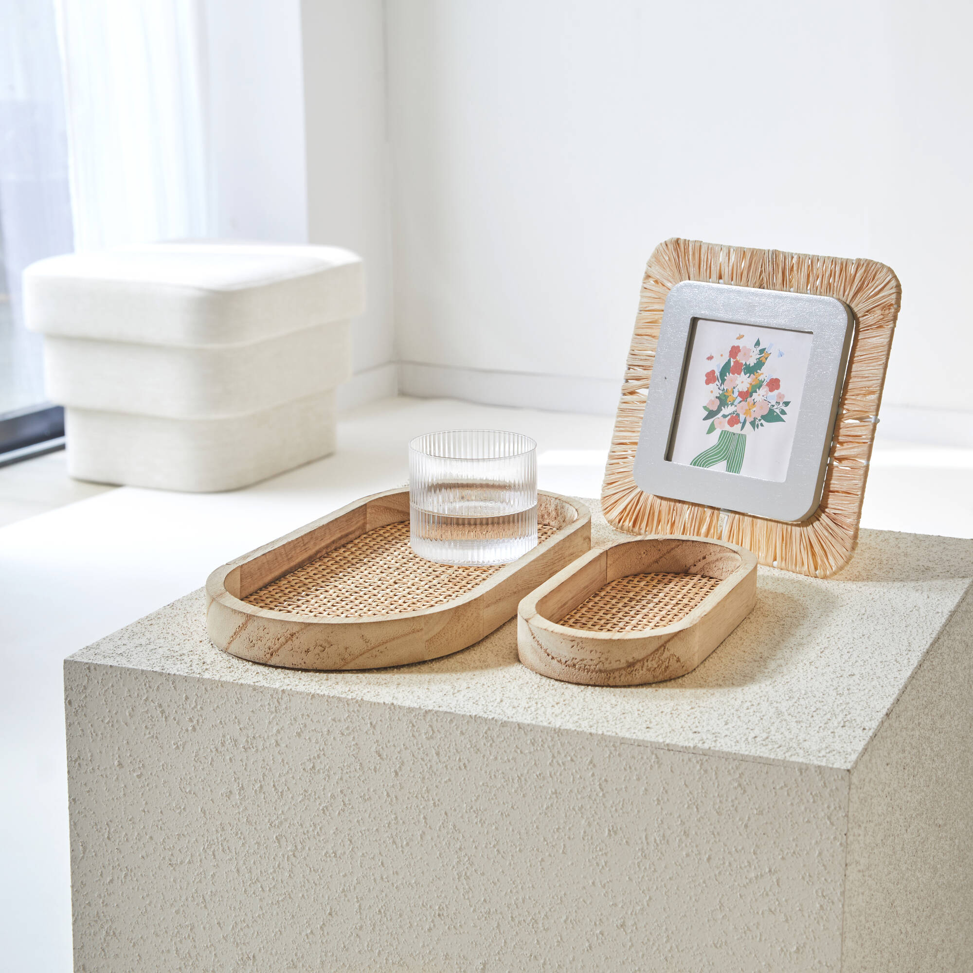 Plateau Oblong bois et rotin, lot de 2