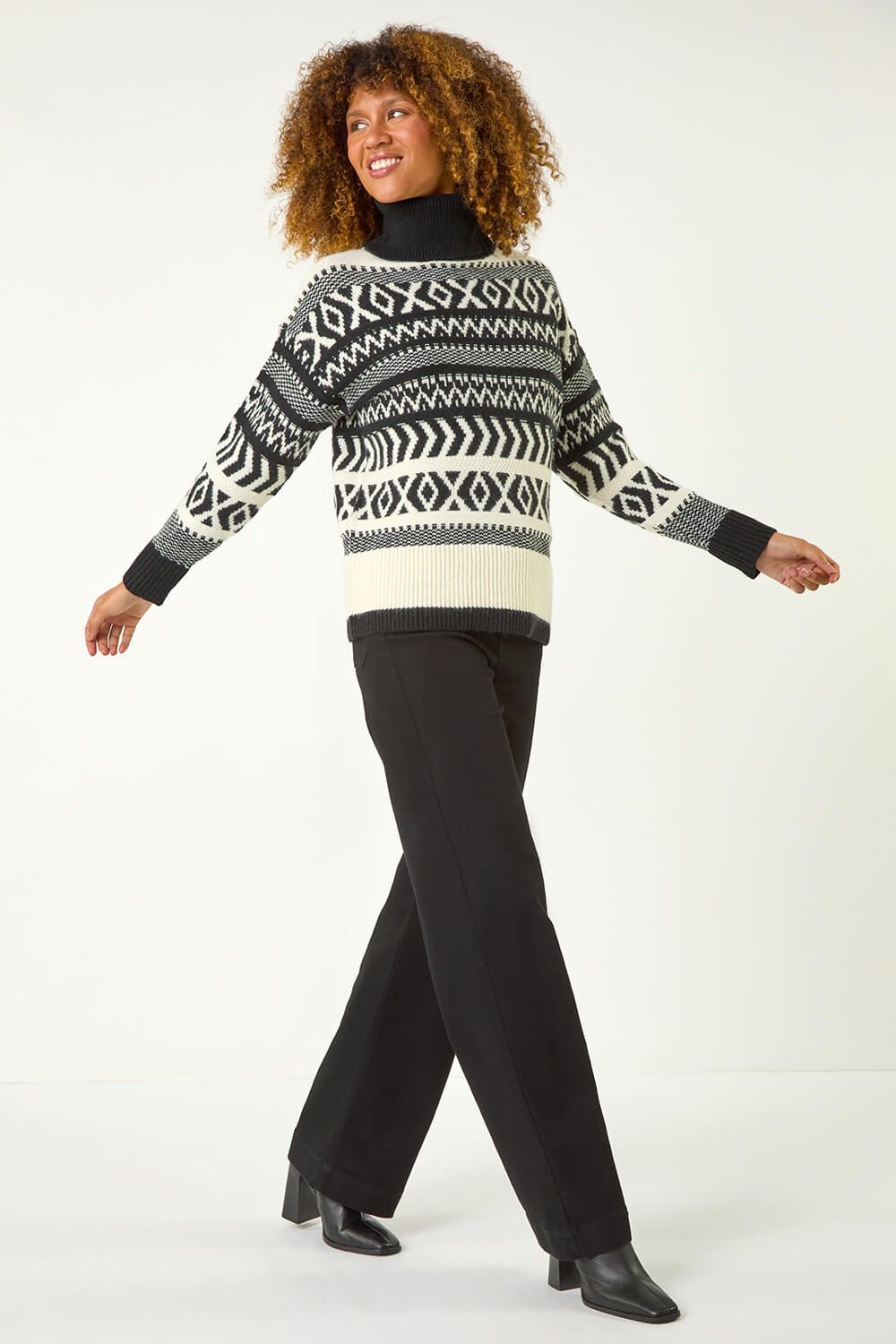 Roman Roll Neck Cross Stitch Knit Jumper
