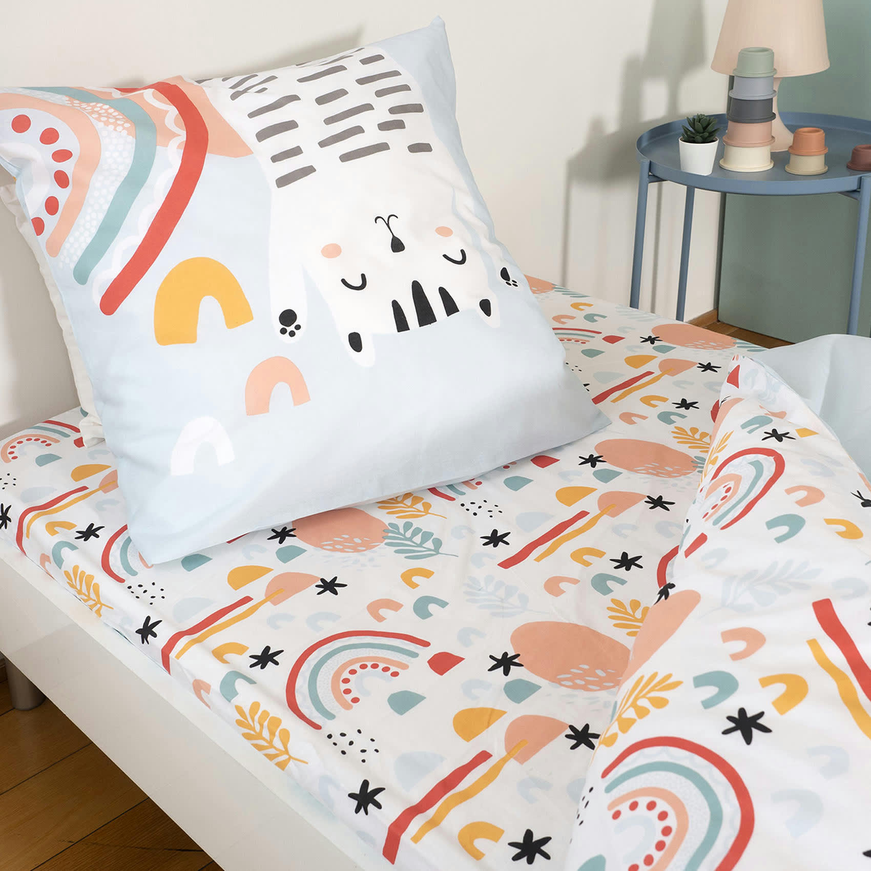 - Parure de couette aux chats tigrés coton bleu ciel 140x200 cm