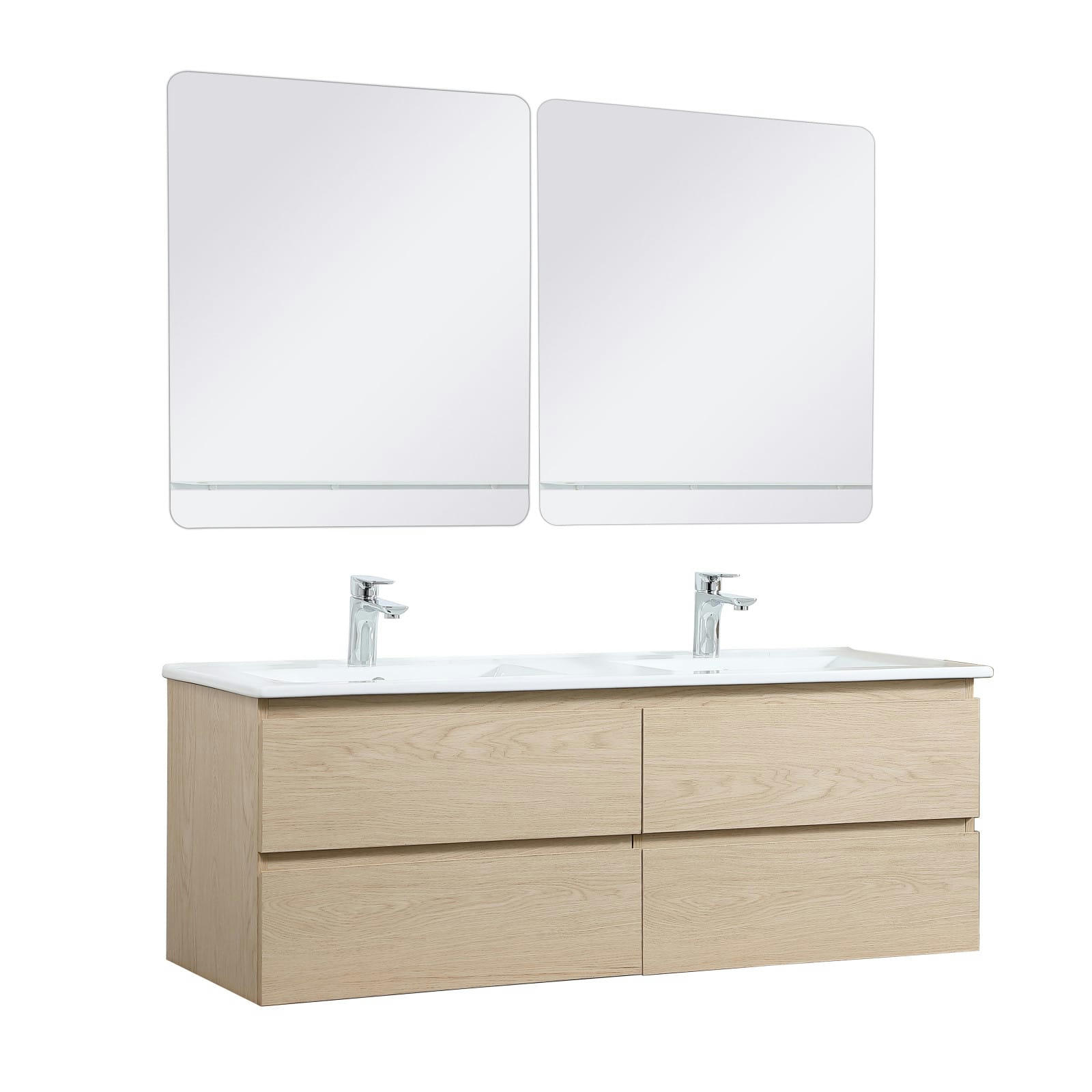 SORRENTO - Meuble double vasque 120cm avec plan céramique  Décor chêne + miroir