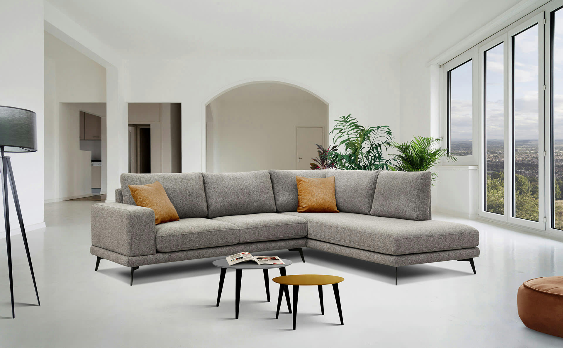 MEDIOLANE - Canapé d'angle droit 5 places tissu taupe