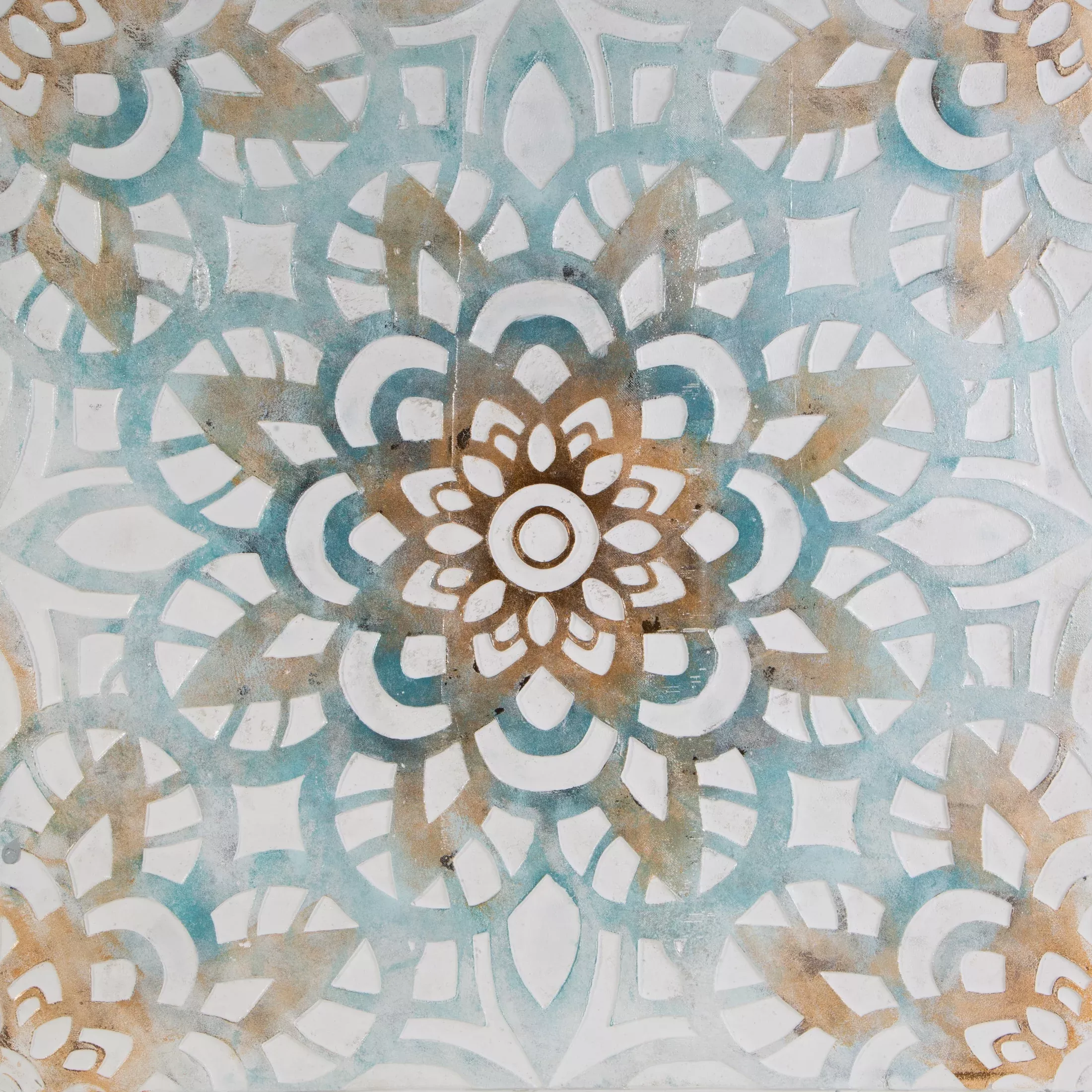 Obraz abstrakcja niebiesko, pomarańczowy ręcznie malowany na płótnie akcent folkloru 80x80 cm ORAMENTS