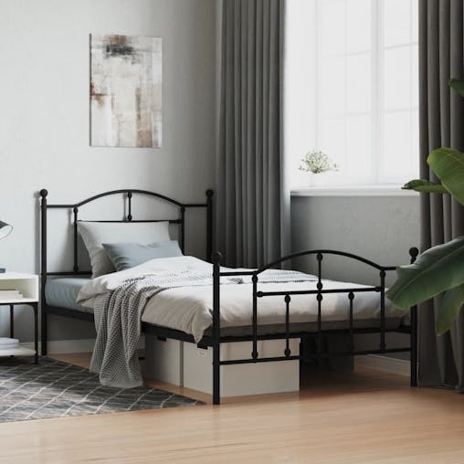 NNEVL Metal Bed Frame with Headboard and Footboard Black 107x203 cm King Single