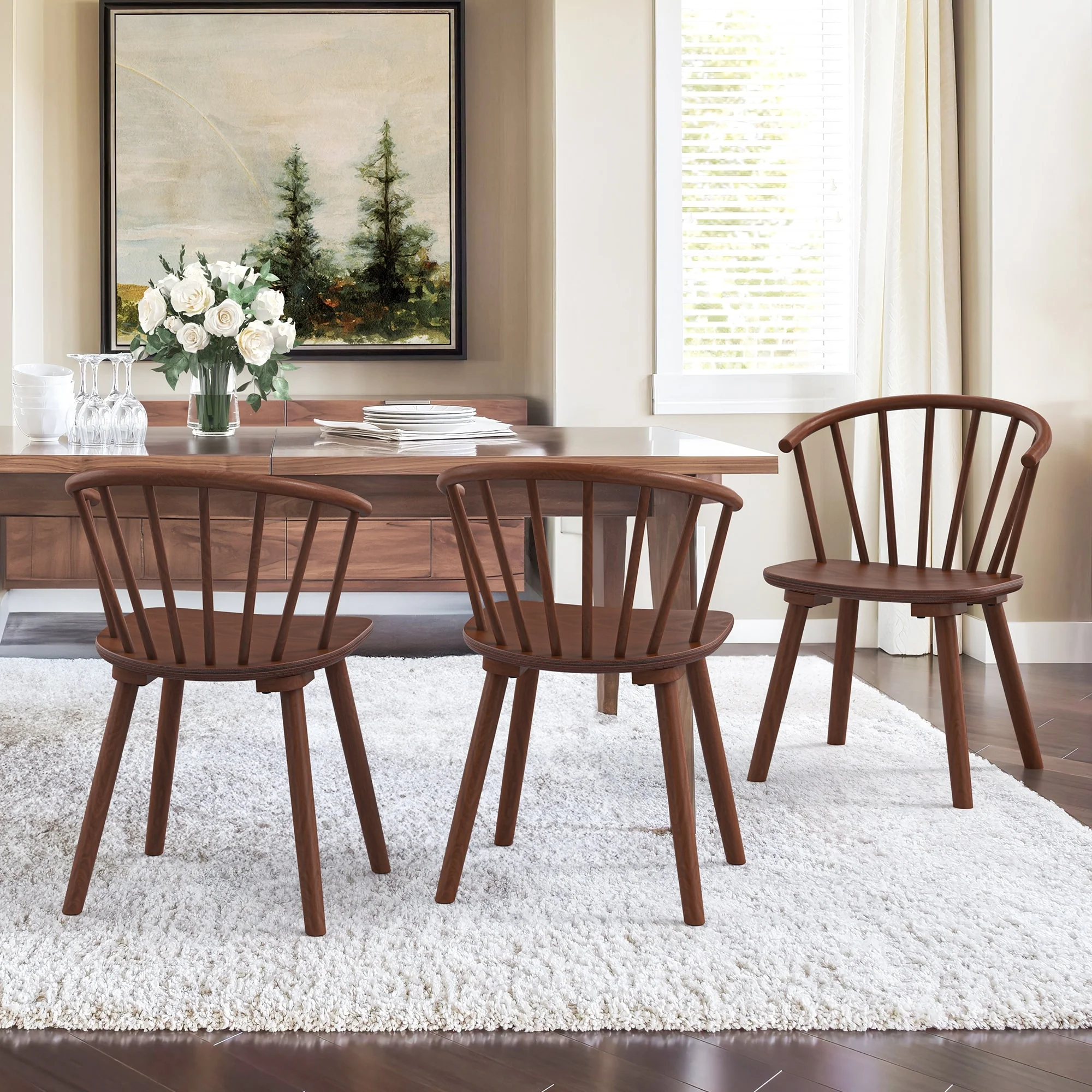 Modern 18.in Kitchen Island Wooden Armless Set of 3 Dining Chairs with Spindle Back