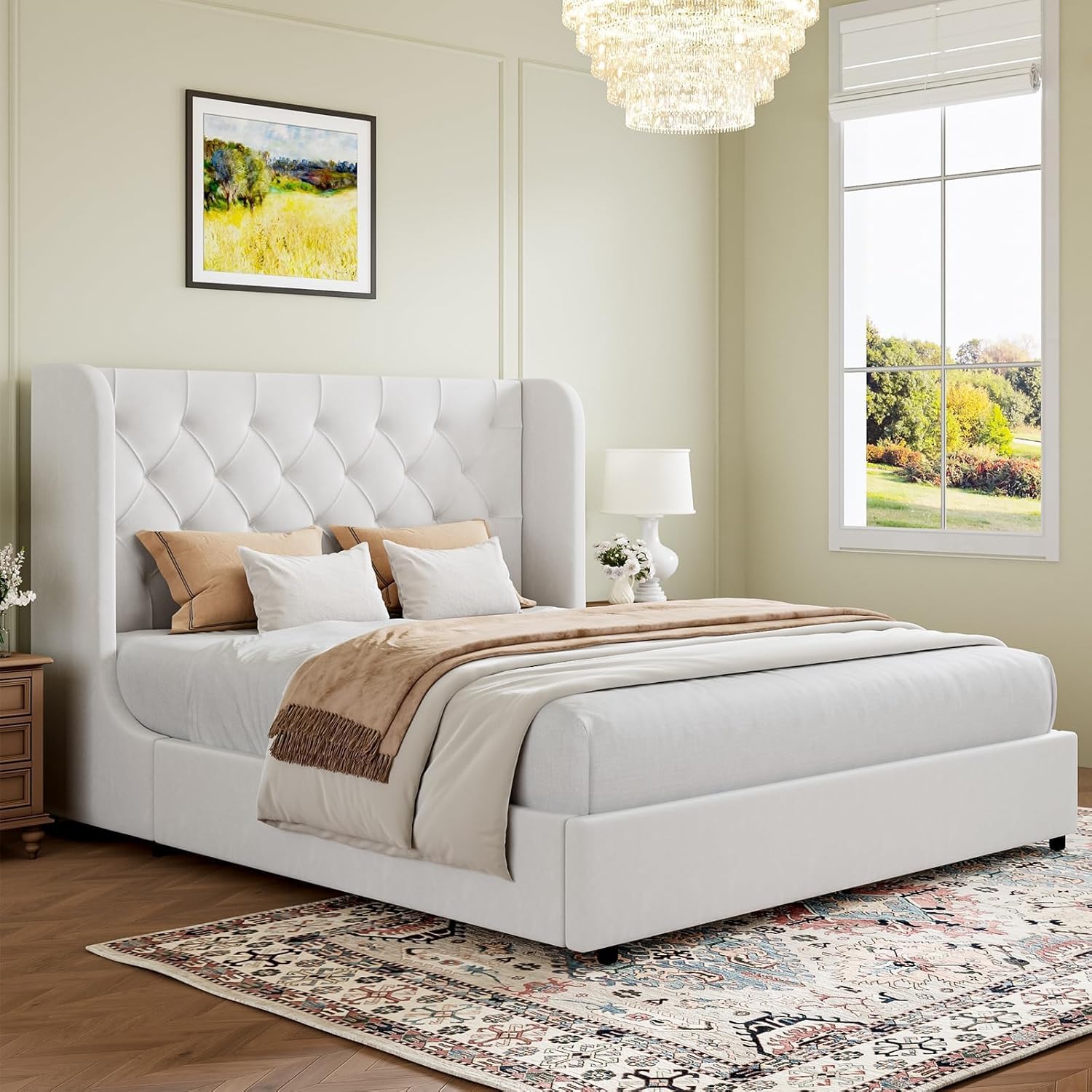 HOMBCK White Queen Bed Frame, Velvet Upholstered Platform Bed Frame with Headboard, Curved Wingback Design, Wooden Slats, No Box Spring, Noise Free, Easy Assembly