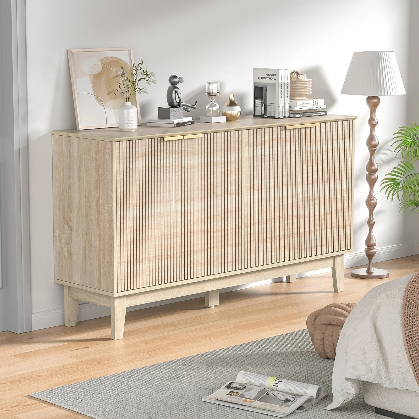 Anmytek Modern 4-Door Wood Buffet Sideboard 55 Wide Rectangular Storage Cabinet with Adjustable Shelves