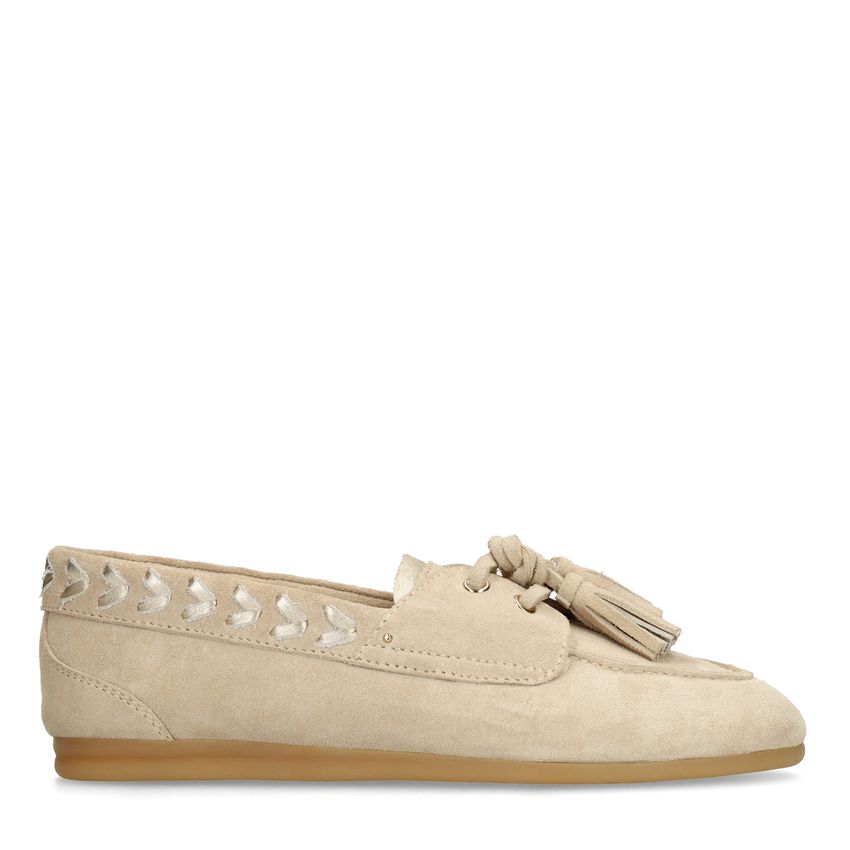 Manfield Beige suède loafers met kwastjes