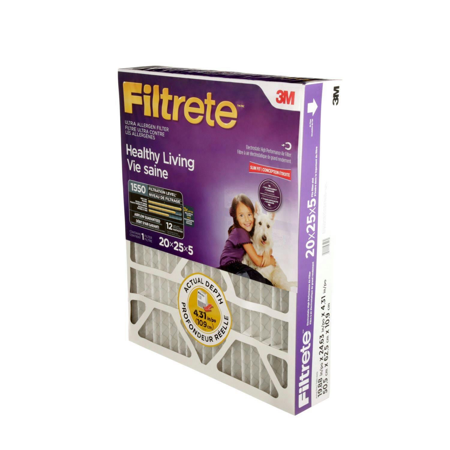 3M™ Filtrete™ Healthy Living Ultra Allergen Deep Pleat Air Filter, MPR 1500, 20 x 25 x 5-in, 1-pk