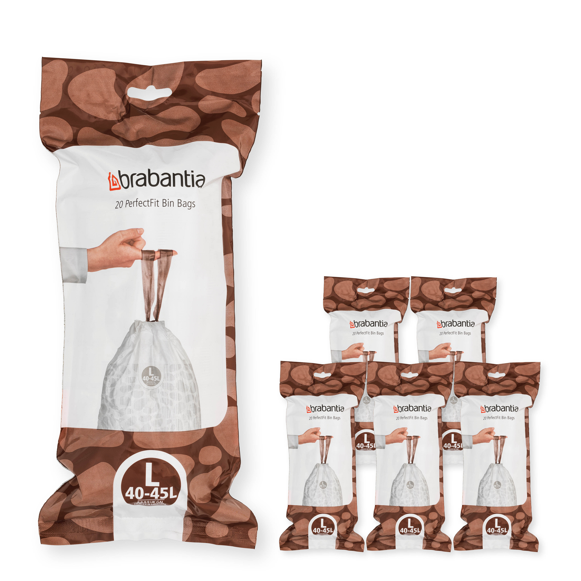 Brabantia PerfectFit afvalzak, code L, 40-45 liter, 120 stuks, set van 6 rollen - White