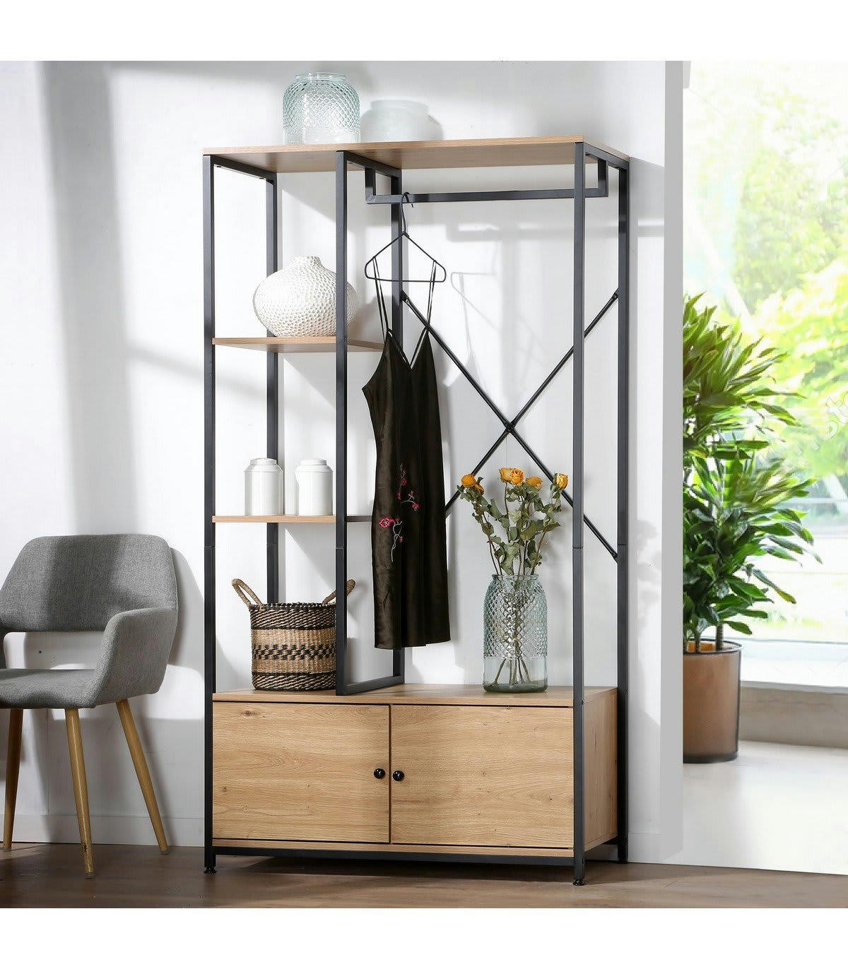 LENNY - Penderie avec rangements effet bois - H167 x L90 cm