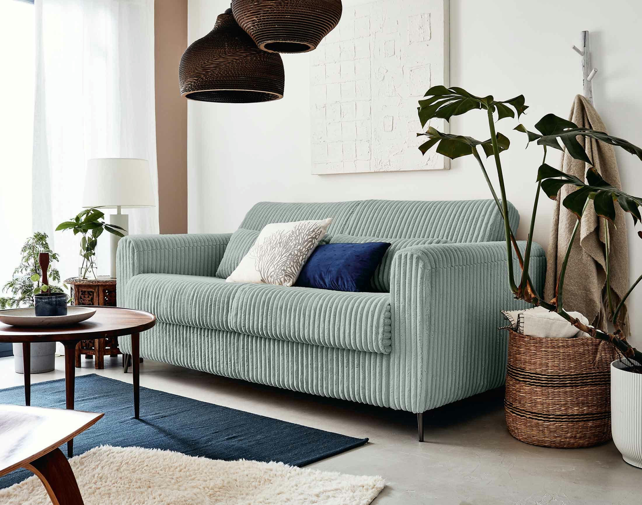 OWEN - Canapé droit convertible 2 places en velours grosses côtes bleu