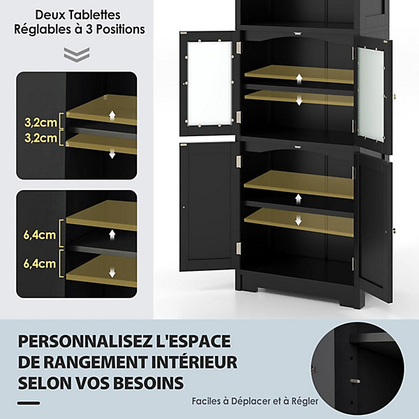 Meuble de Rangement pour Salle de Bain avec 3 Parties,6 Niveaux ,2 étagères et 2 Compartiments,Portes en Verre et Poignées(Noir)