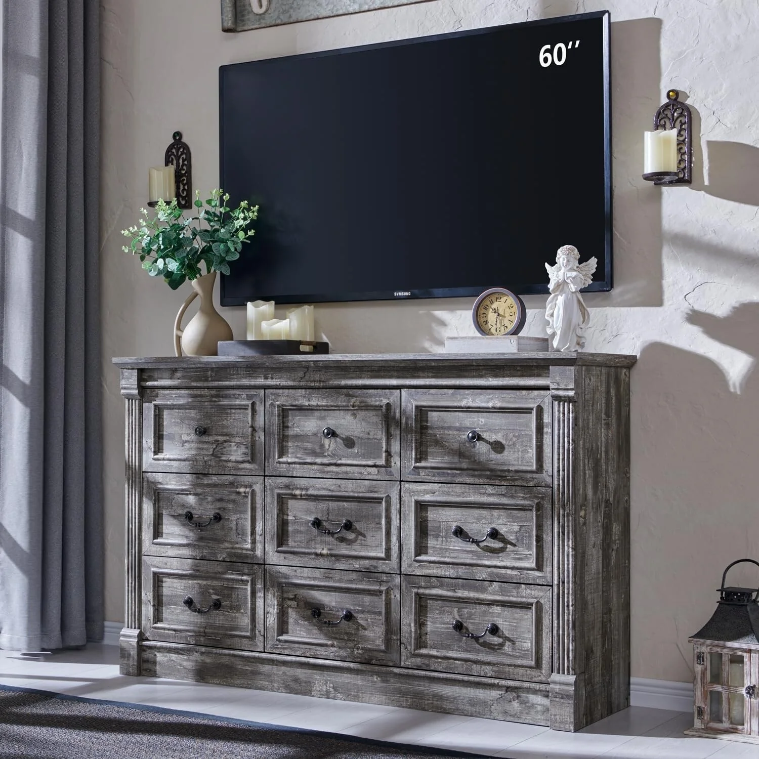 Farmhouse 9-Drawer Dresser - 55 Wide Chest of Drawers with Roman Columns for Bedroom & Living Room Storage