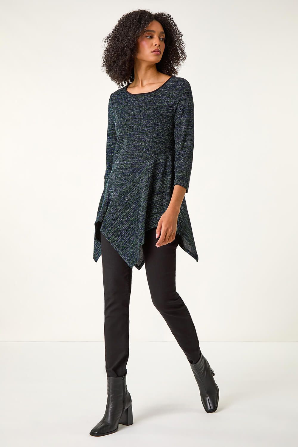 Roman Glitter Hanky Hem Tunic Stretch Top