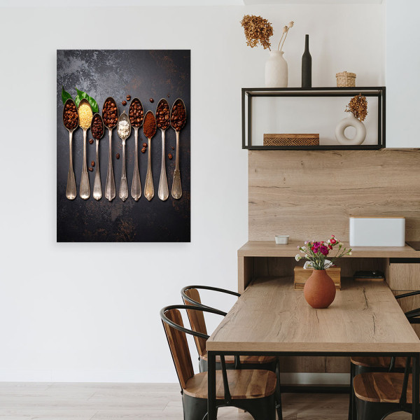 Obraz do kuchni jadalni, Ziarna kawy na łyżeczkach 20x30