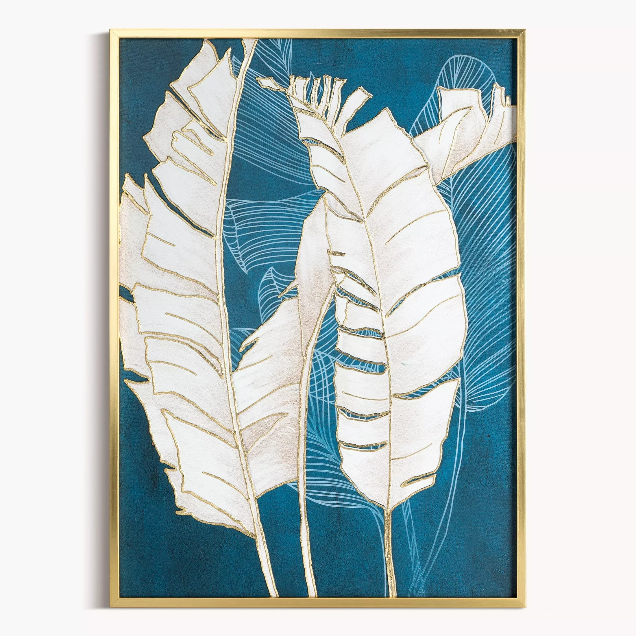Obraz roślinny turkusowo, złoty nadruk na płótnie z motywem liści bananowca 50x70 cm