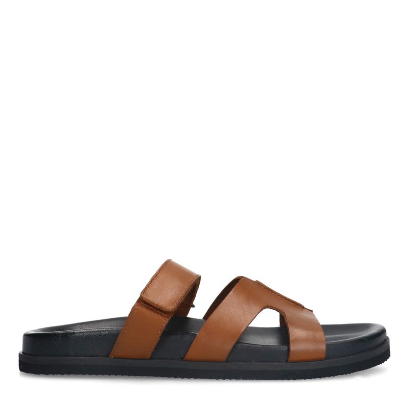 Manfield Cognac leren slippers met bandje